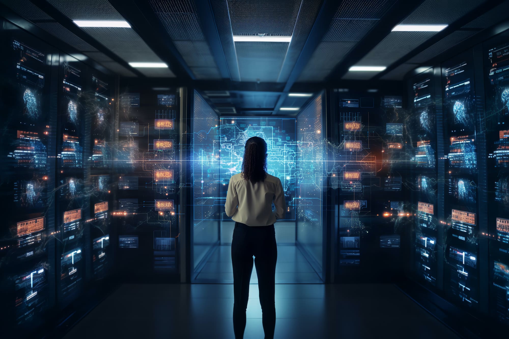 Successful Female Data Center IT Specialist Using Tablet Computer, Turning Augmented VFX Visualization on Server Farm Cloud Computing Facility. System Engineer Working for Cyber Data Security Company.